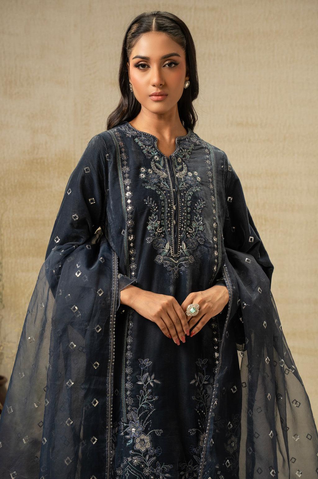UNSTITCHED EMBROIDERED VELVET SUIT