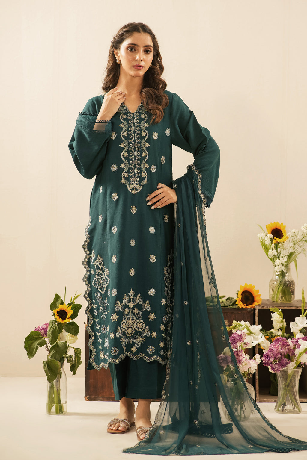 EMBROIDERED COTTON NET UNSTITCHED 3 PIECE SUIT