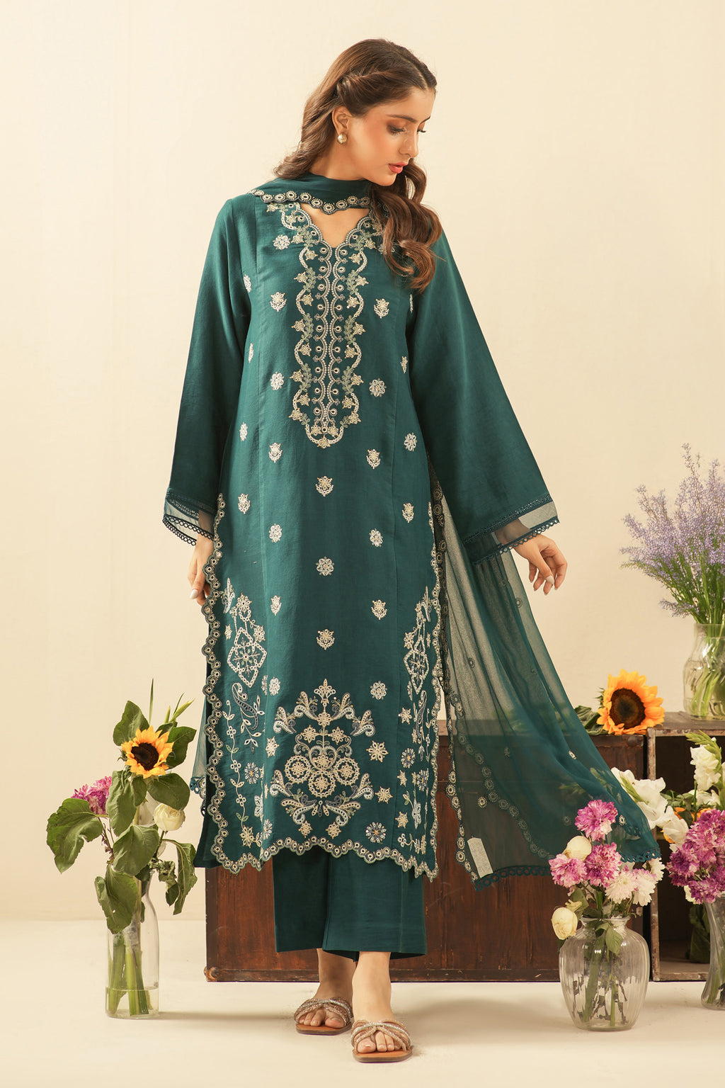EMBROIDERED COTTON NET UNSTITCHED 3 PIECE SUIT