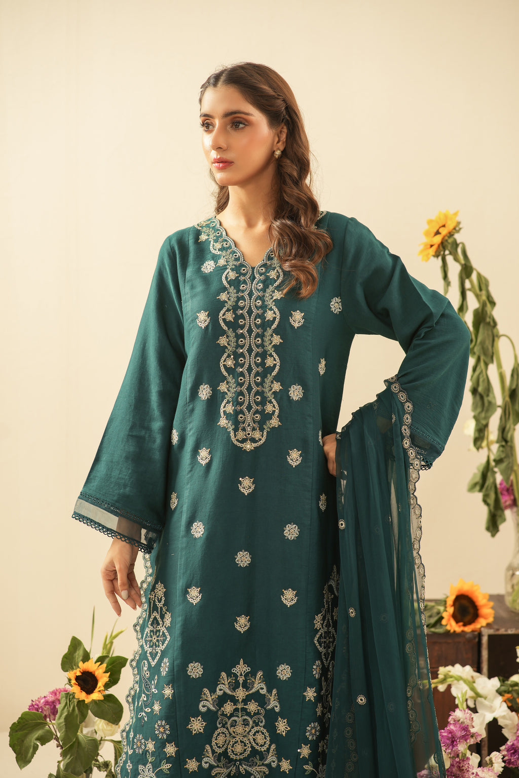 EMBROIDERED COTTON NET UNSTITCHED 3 PIECE SUIT