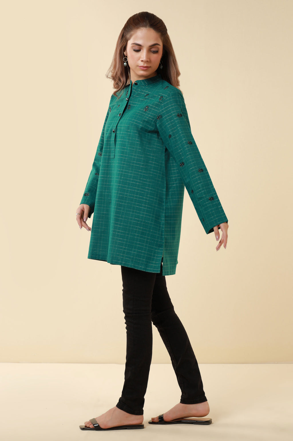 Zeen Yarn Dyed Western Top - Teal Green