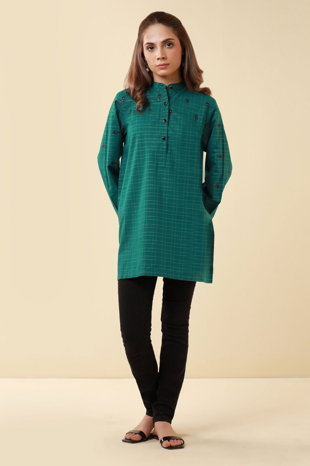 Zeen Yarn Dyed Western Top - Teal Green
