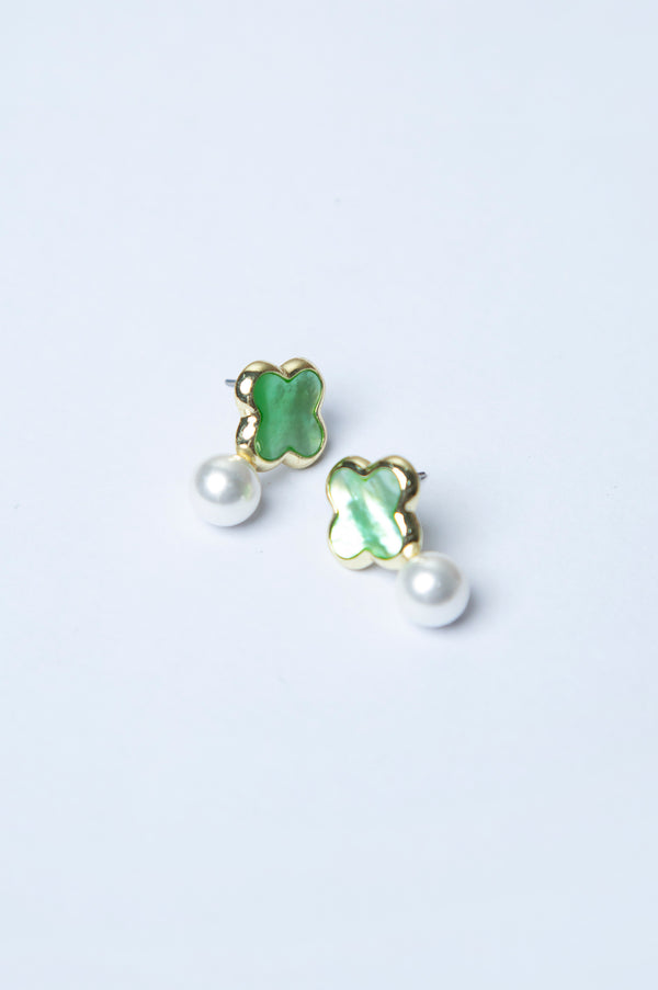 White Pearl Green Stone Earrings