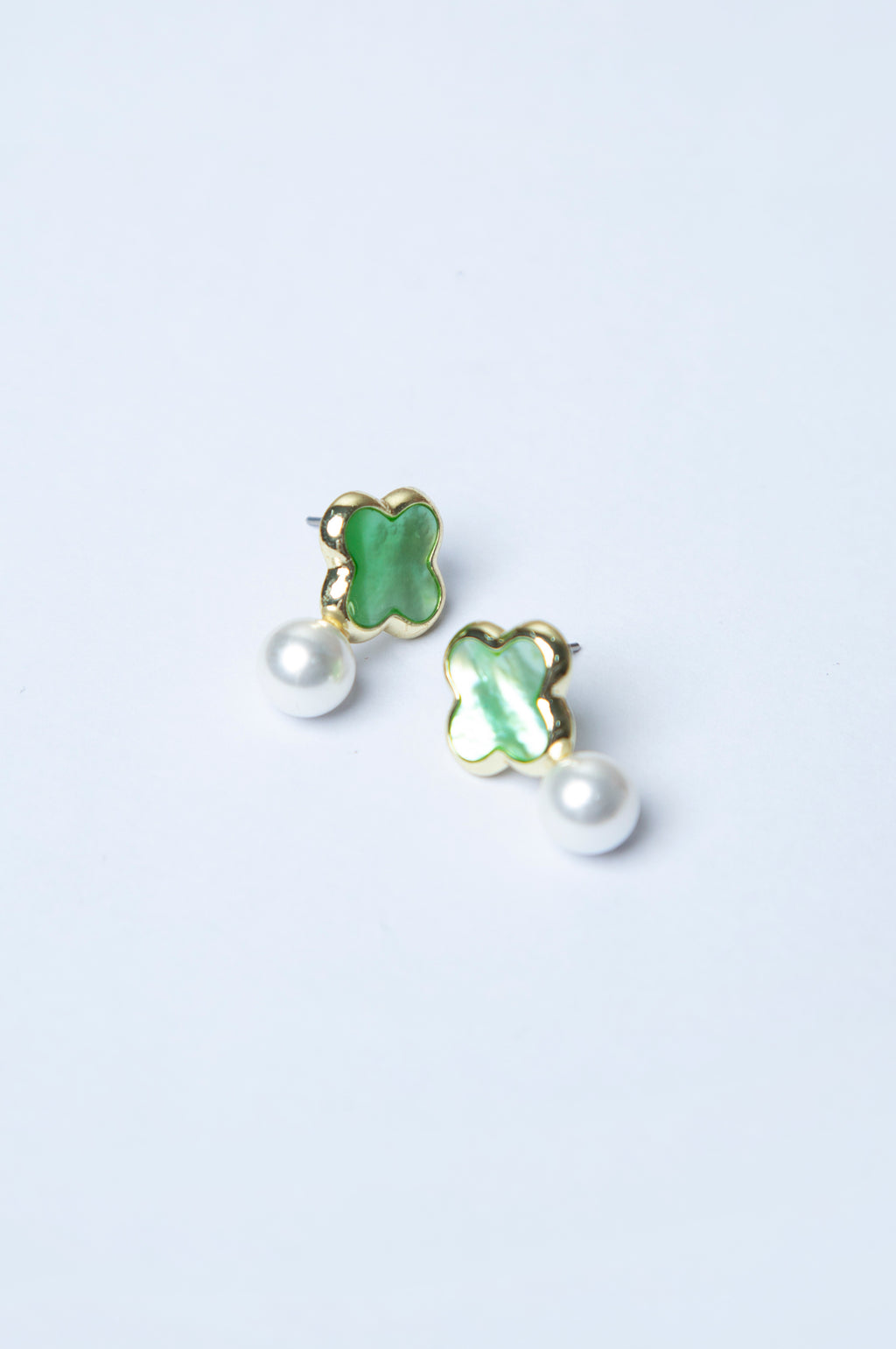 White Pearl Green Stone Earrings
