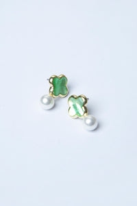 White Pearl Green Stone Earrings