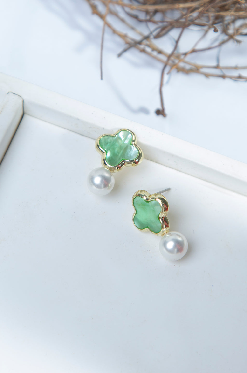 White Pearl Green Stone Earrings