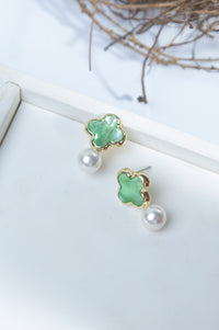 White Pearl Green Stone Earrings