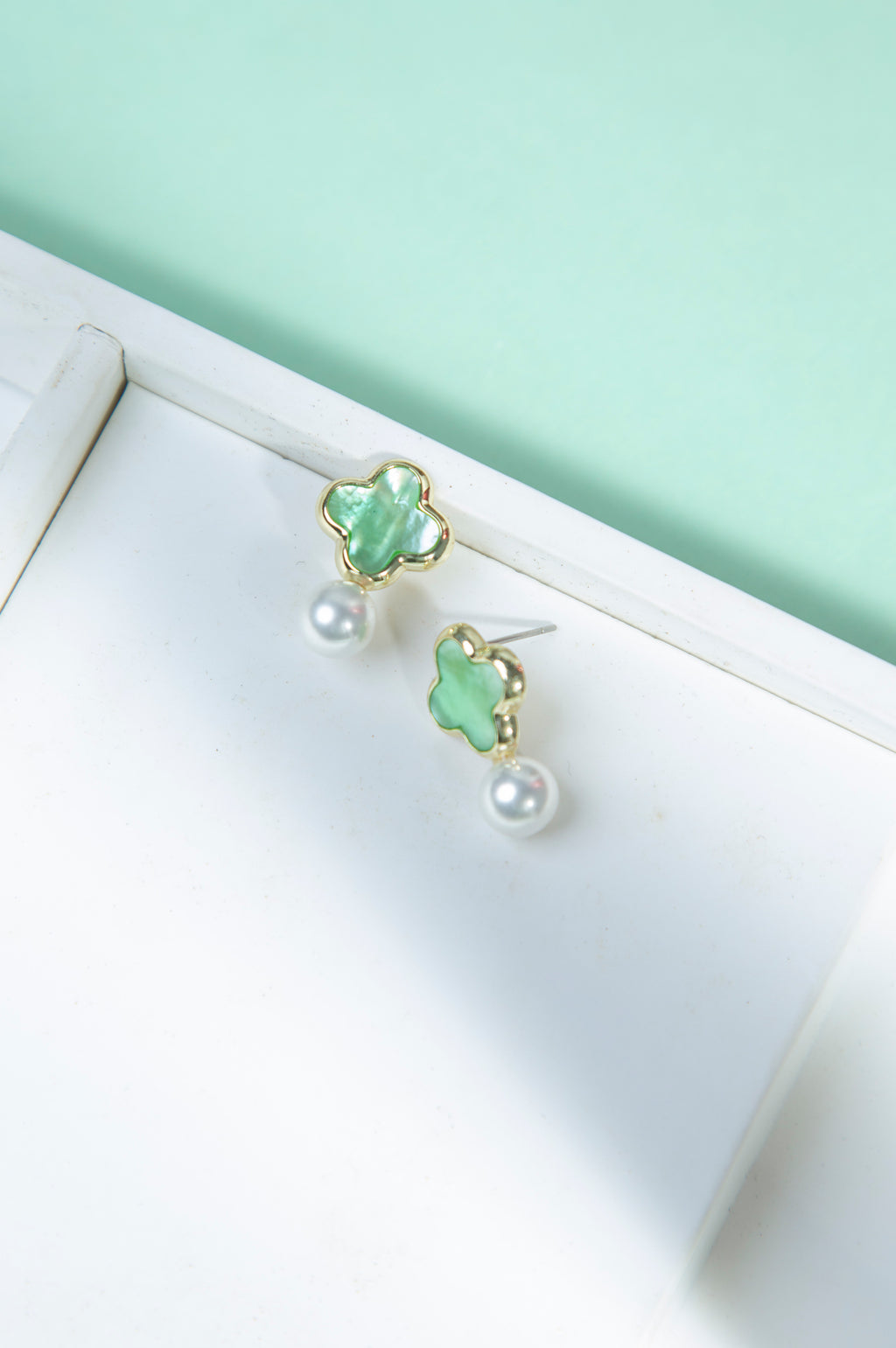 White Pearl Green Stone Earrings