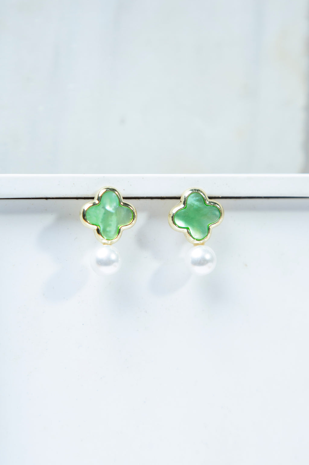 White Pearl Green Stone Earrings