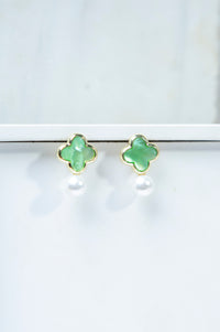 White Pearl Green Stone Earrings