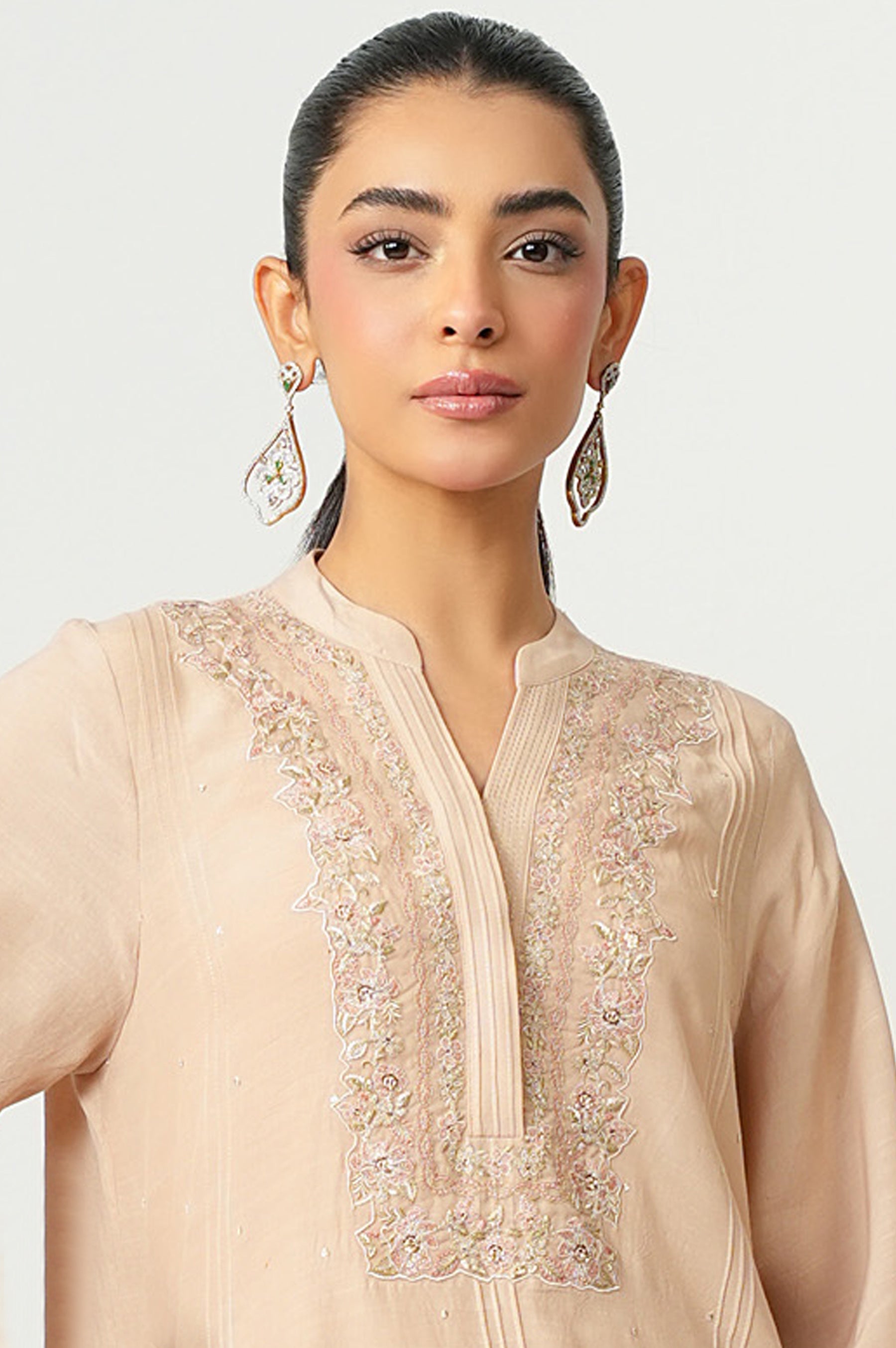 STITCHED EMBROIDERED RAW SILK SHIRT BOTTOM