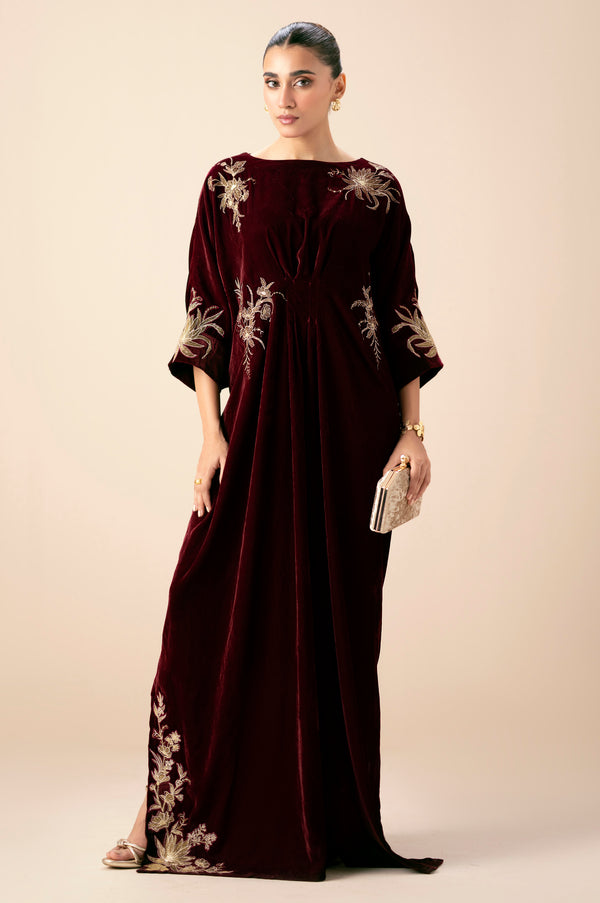 Stitched 1 Piece Embroidered Velvet Kaftan - Maroon