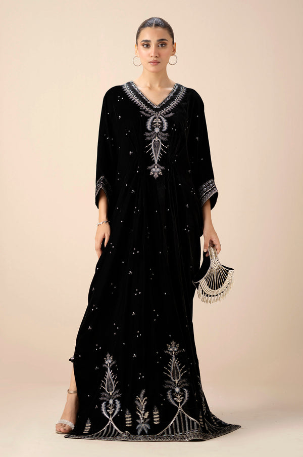 Stitched 1 Piece Embroidered Velvet Kaftan - Black