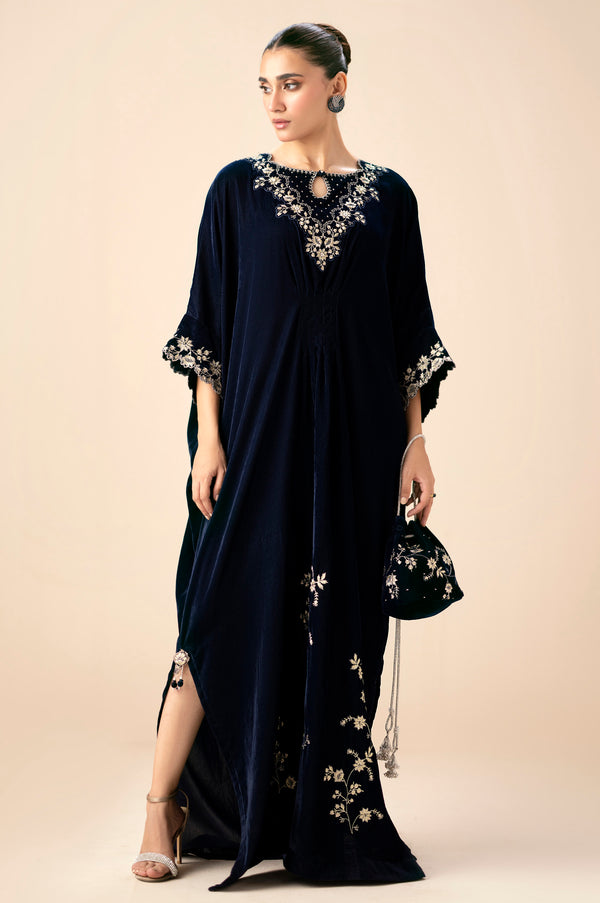 Stitched 1 Piece Velvet Kaftan - Deep Blue