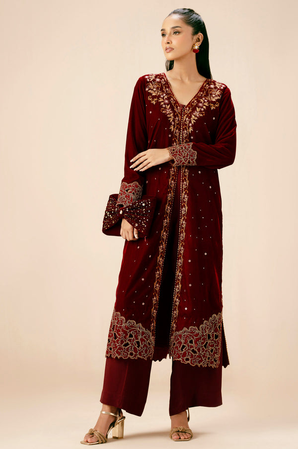 Stitched 1 Piece Embroidered Velvet Jacket - Maroon