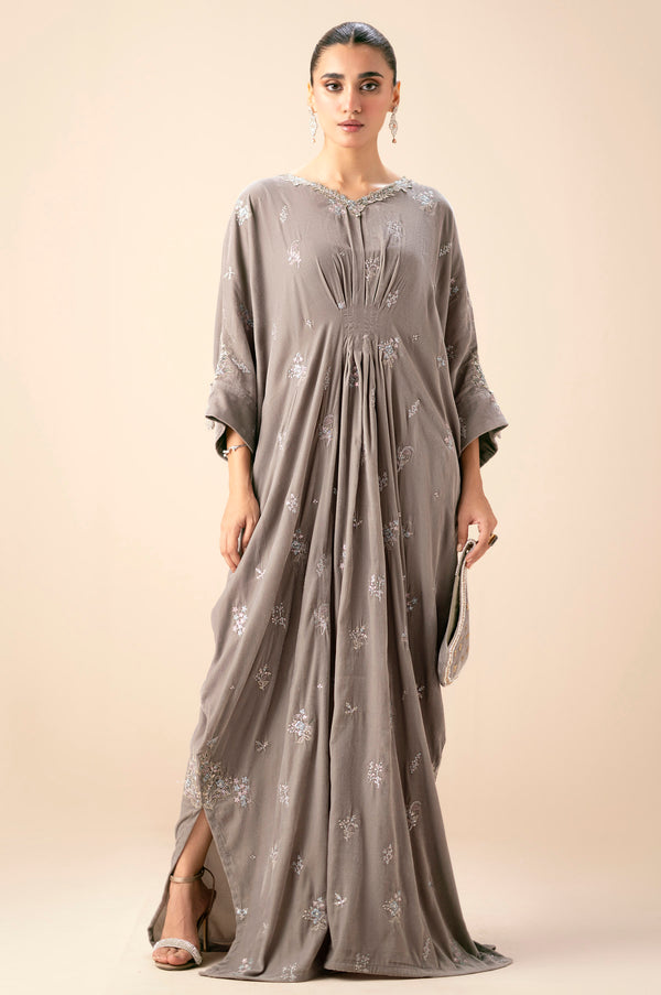 Stitched 1 Piece Embroidered Velvet Kaftan - Mouse Grey