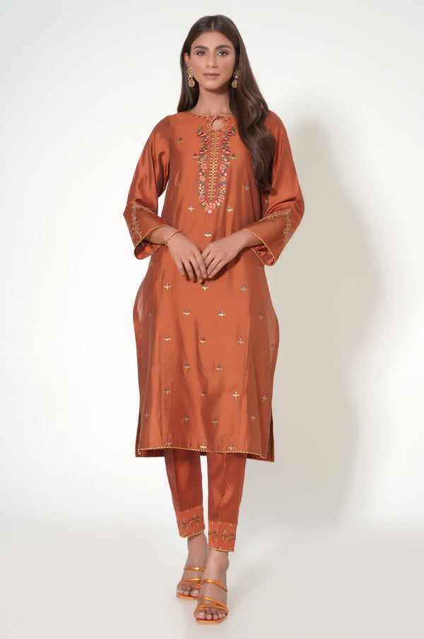 Stitched 2 Piece Embroidered Zari Cotton Silk Outfit