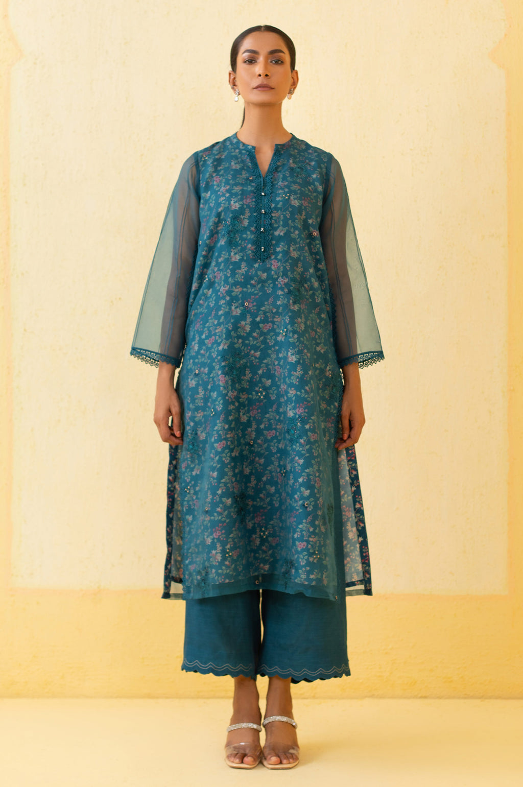 Stitched 2 Piece Embroidered Organza Suit