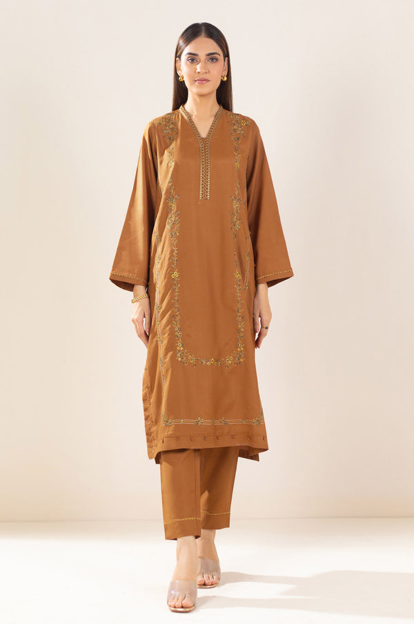 Stitched 2 Piece Embroidered Oak Silk Outfit