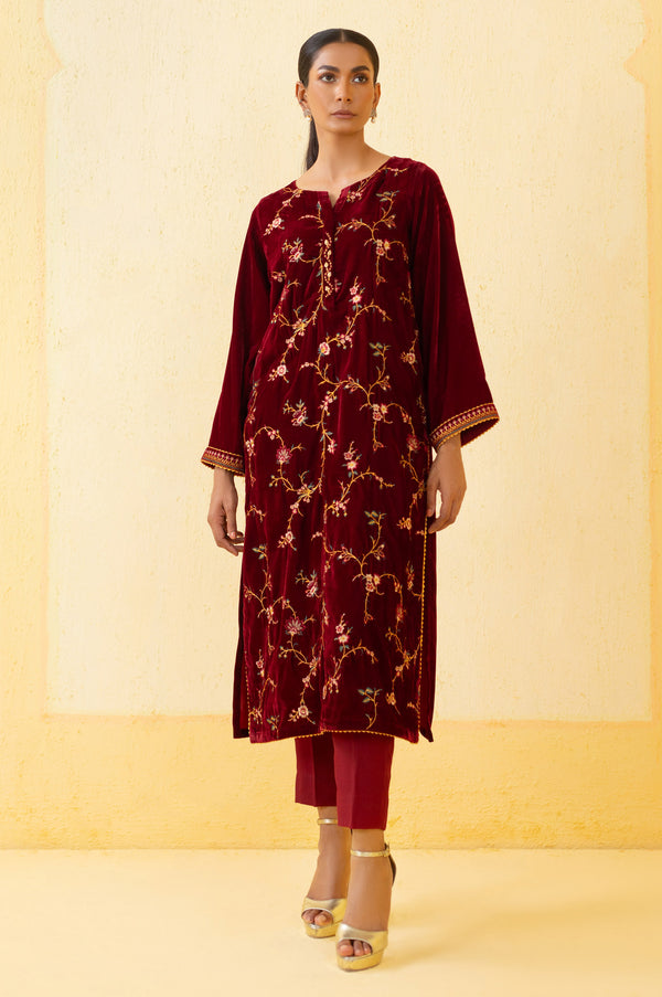 Stitched 2 Piece Embroidered Velvet Suit - Maroon