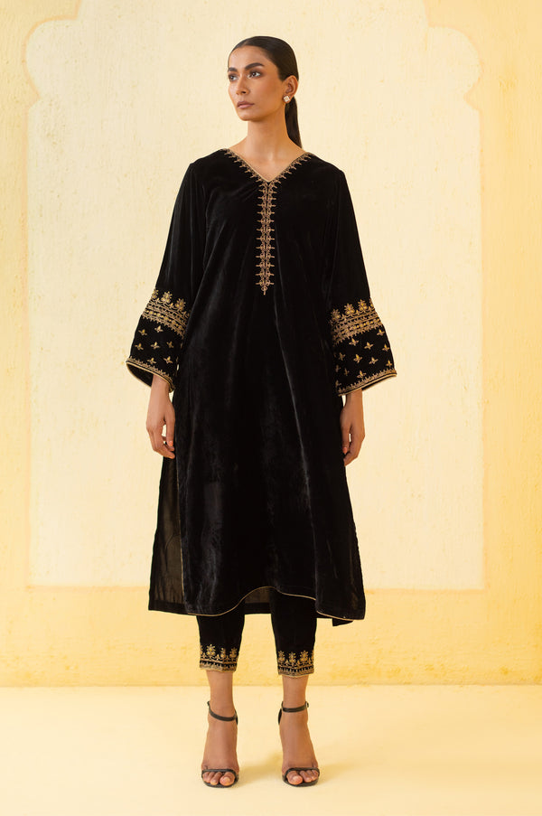 Stitched 2 Piece Embroidered Velvet Outfit - Black