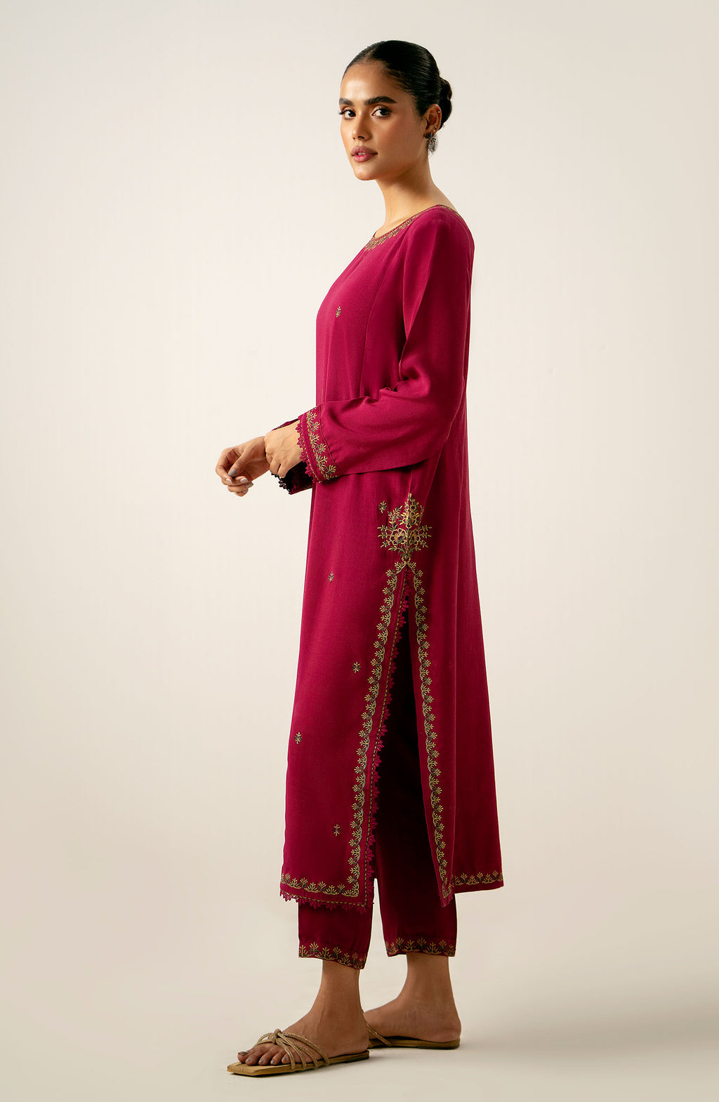 Stitched 2 Piece Embroidered Oak Silk Suit