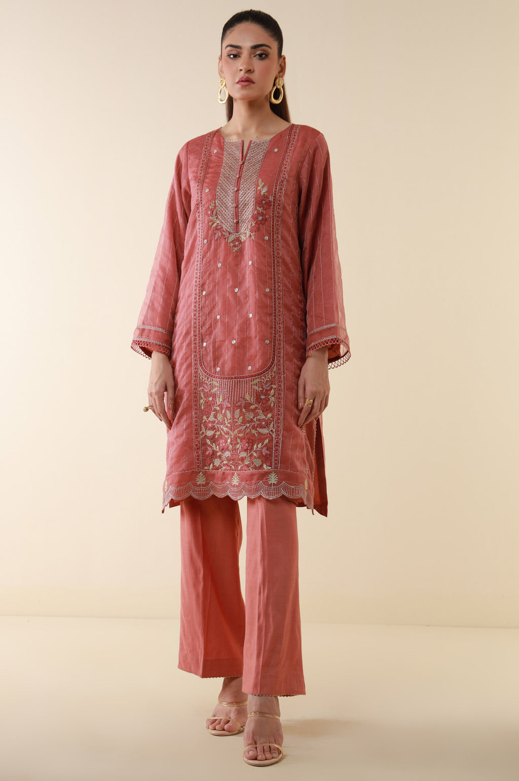Stitched 2 Piece Embroidered Zari Line Organza Suit