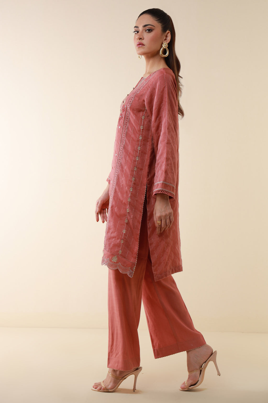 Stitched 2 Piece Embroidered Zari Line Organza Suit