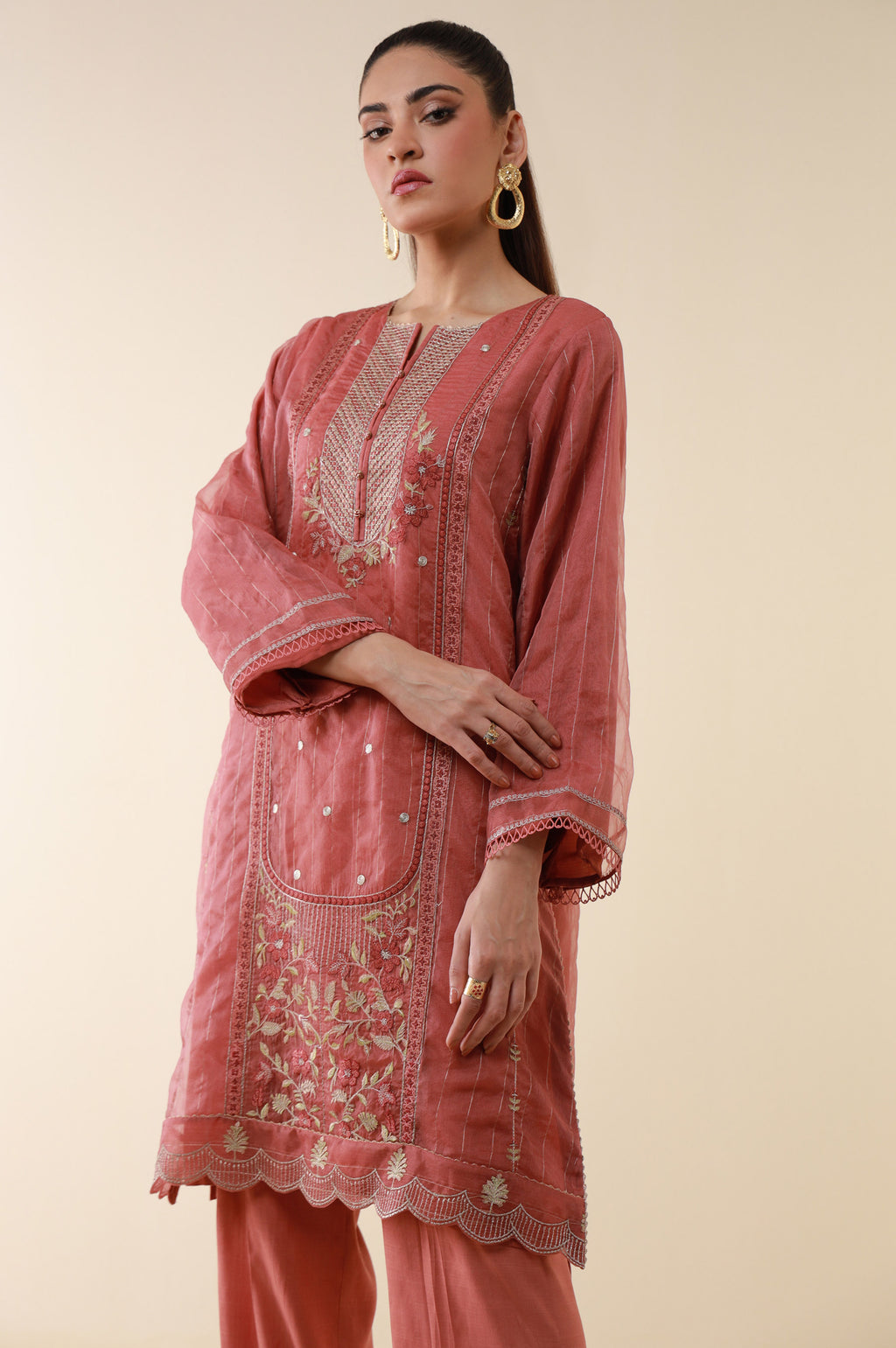 Stitched 2 Piece Embroidered Zari Line Organza Suit