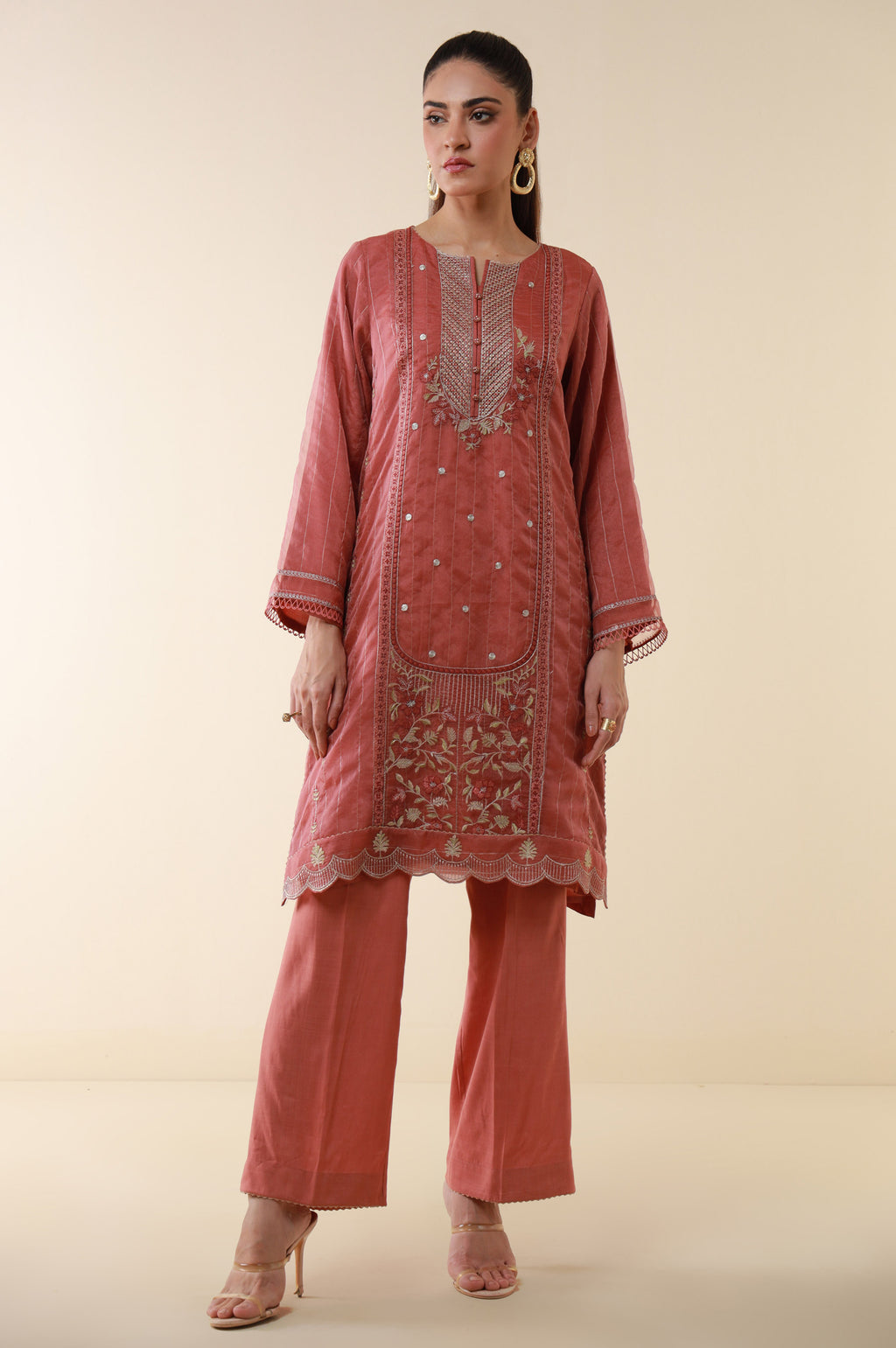 Stitched 2 Piece Embroidered Zari Line Organza Suit