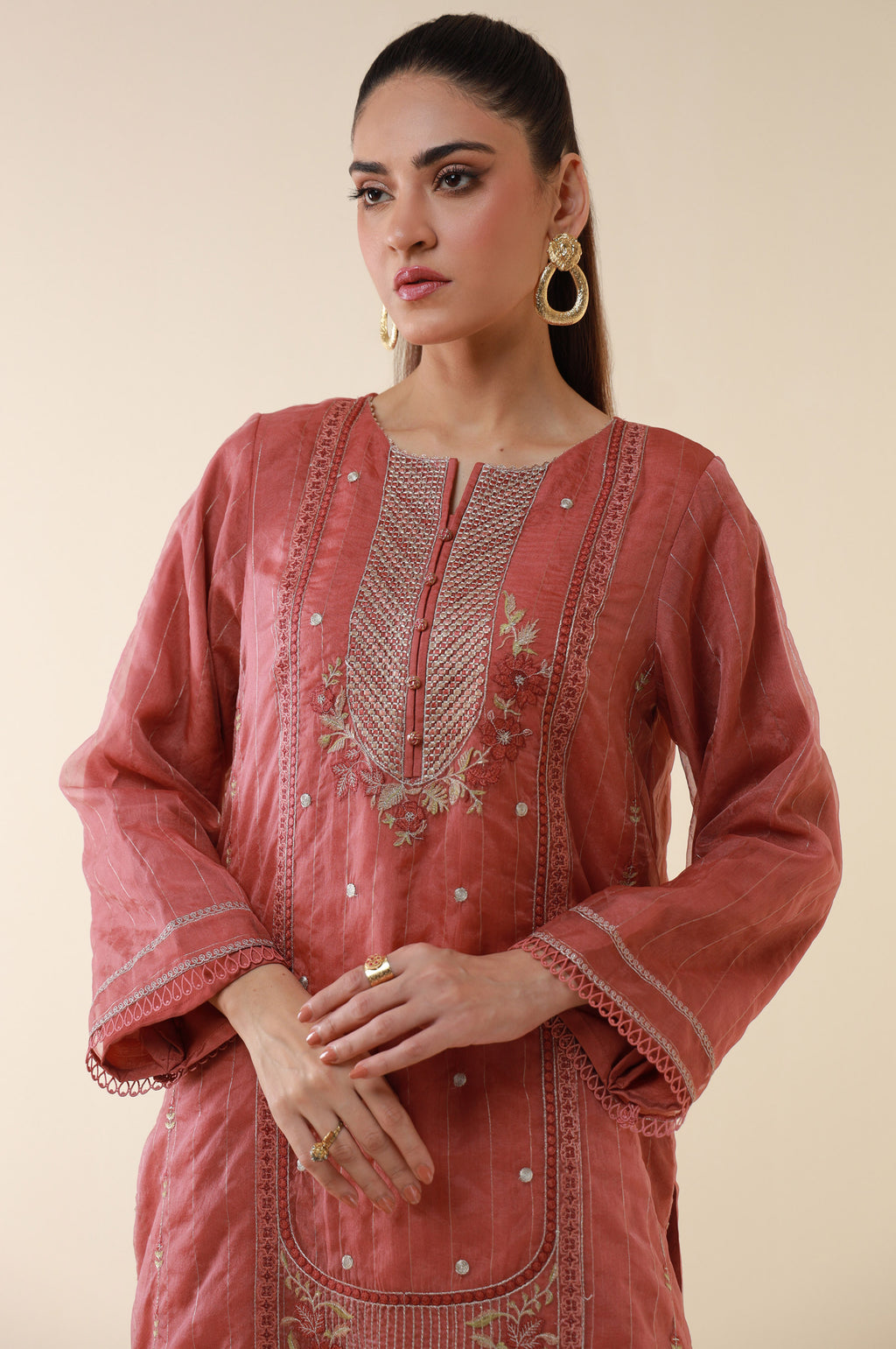 Stitched 2 Piece Embroidered Zari Line Organza Suit