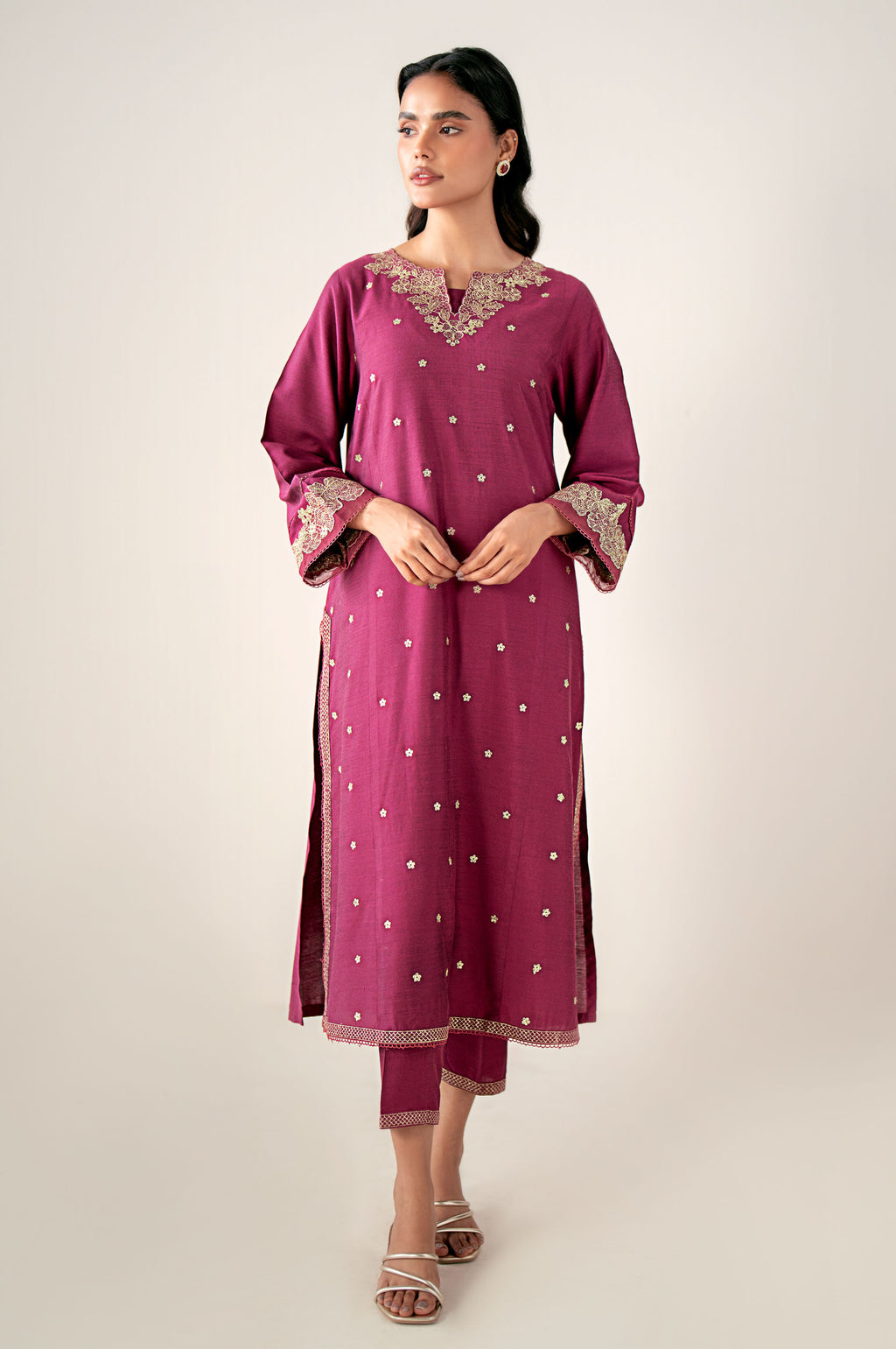 Stitched 2 Piece Embroidered Cotton Silk Suit