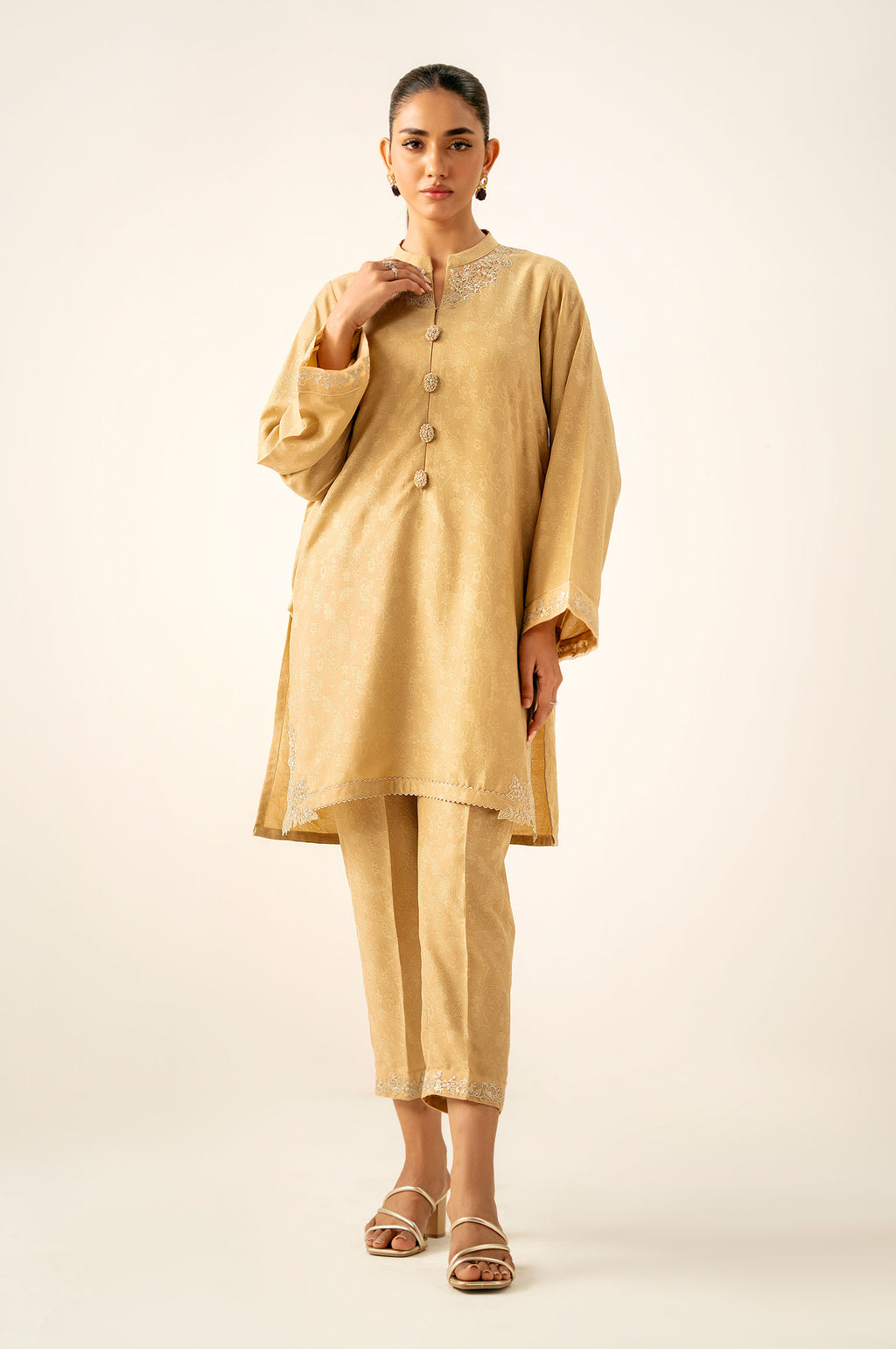 Stitched 2 Piece Embroidered Self Jacquard Suit