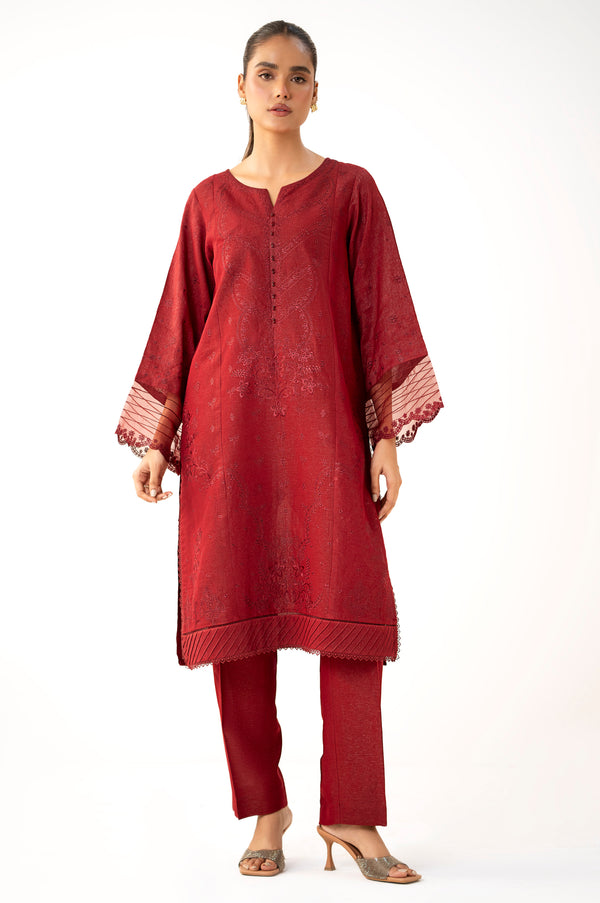 Stitched 2 Piece Embroidered Cambric Zari Suit - Maroon