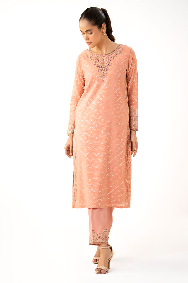 Stitched 2 Piece Embroidered Zari Jacquard Suit