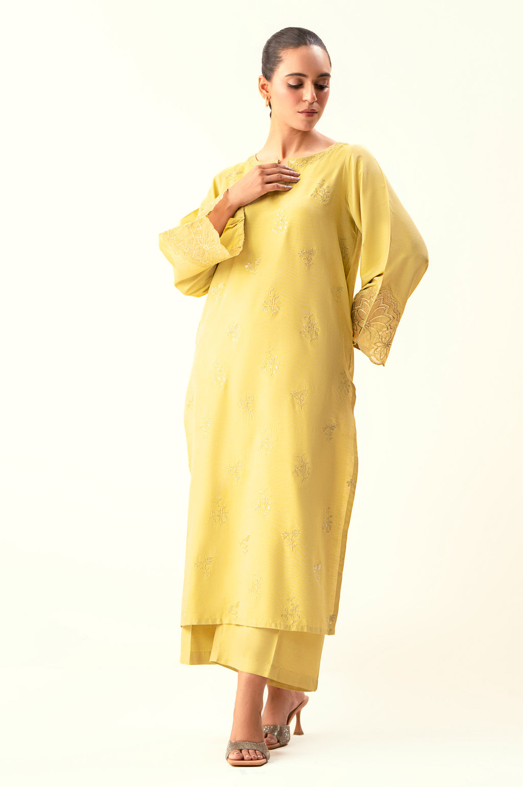Stitched 2 Piece Embroidered Cotton Silk Suit