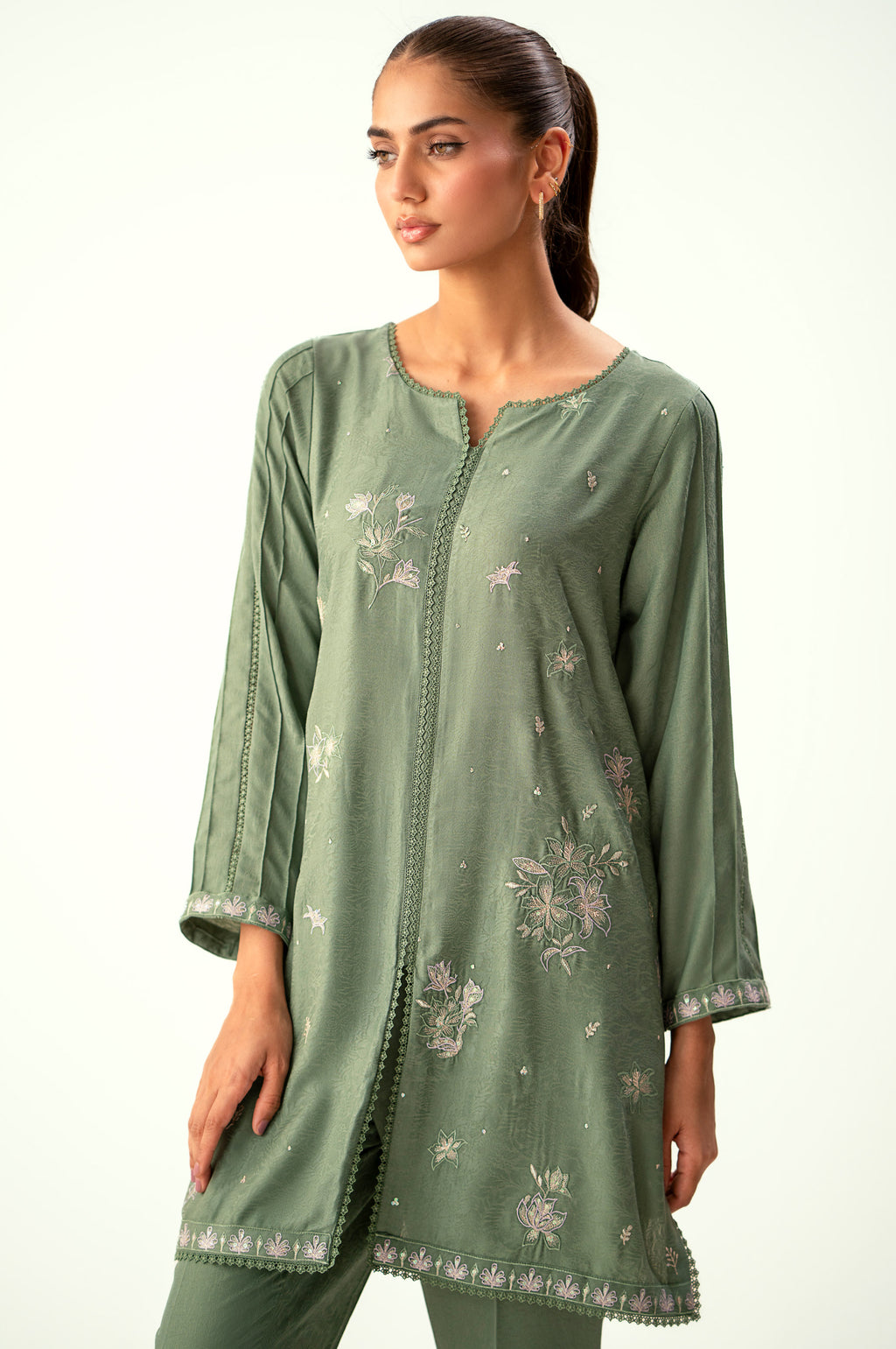 Stitched 2 Piece Embroidered Cotton Satin Suit