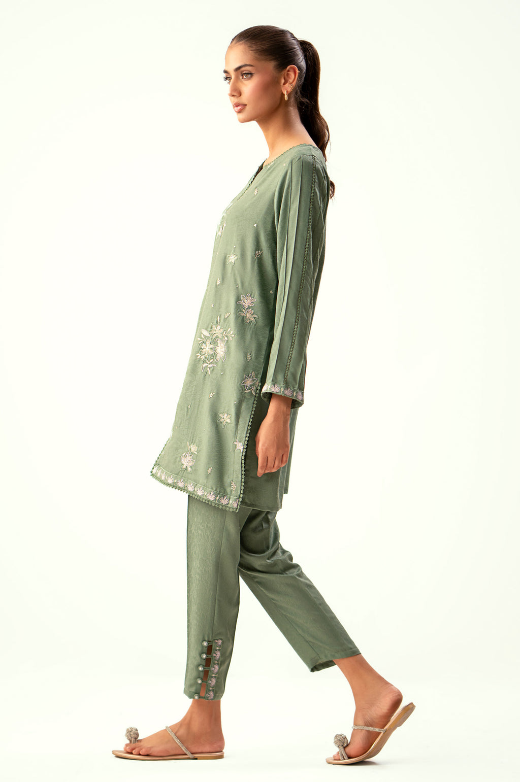 Stitched 2 Piece Embroidered Cotton Satin Suit
