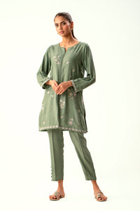 Stitched 2 Piece Embroidered Cotton Satin Suit