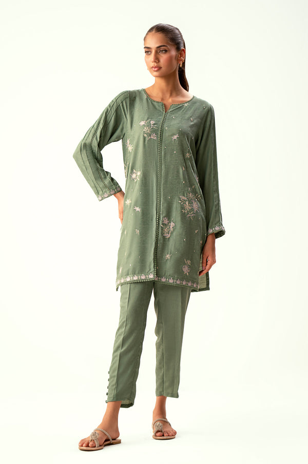 Stitched 2 Piece Embroidered Cotton Satin Suit