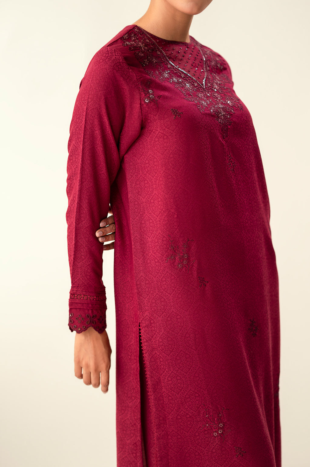 Stitched 2 Piece Embroidered Self Jacquard Suit