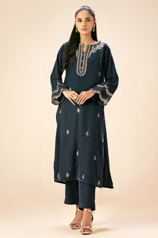 Stitched 2 Piece Embroidered Velvet Suit - Medium Blue