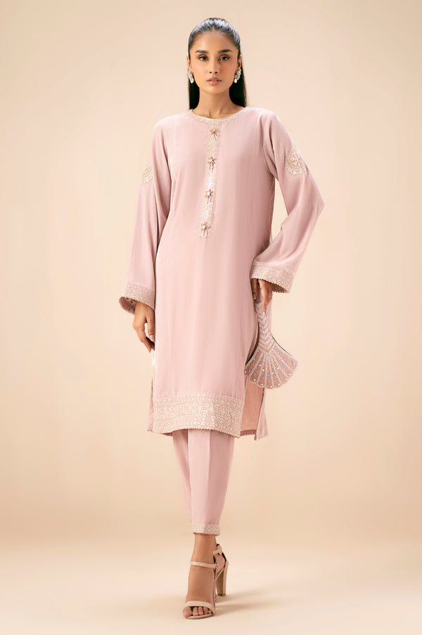 Stitched 2 Piece Embroidered Velvet Suit - Blush Pink