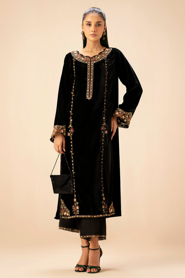 Stitched 2 Piece Embroidered Velvet Suit - Black