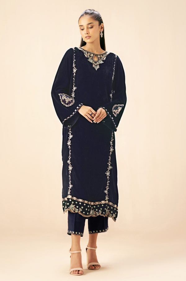 Stitched 2 Piece Embroidered Velvet Suit - Blue