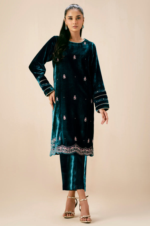 Stitched 2 Piece Embroidered Velvet Suit - Teal