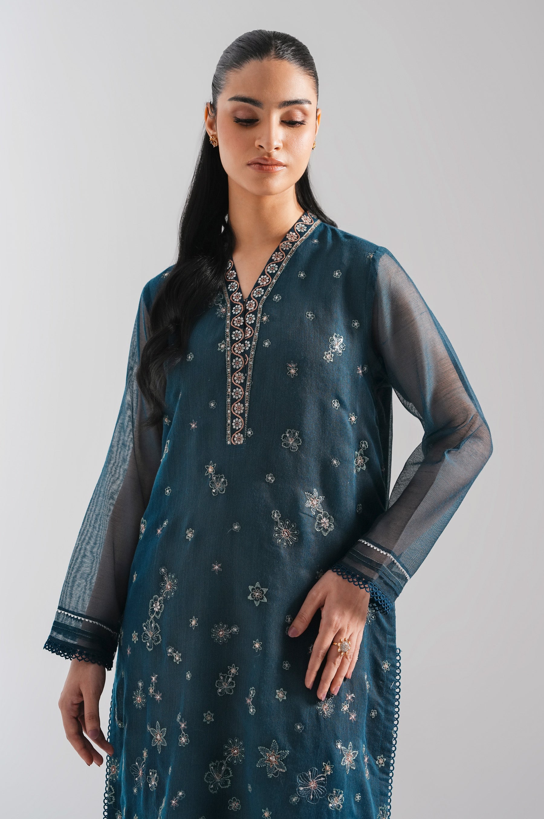 STITCHED EMBROIDERED KHADDI NET SHIRT BOTTOM