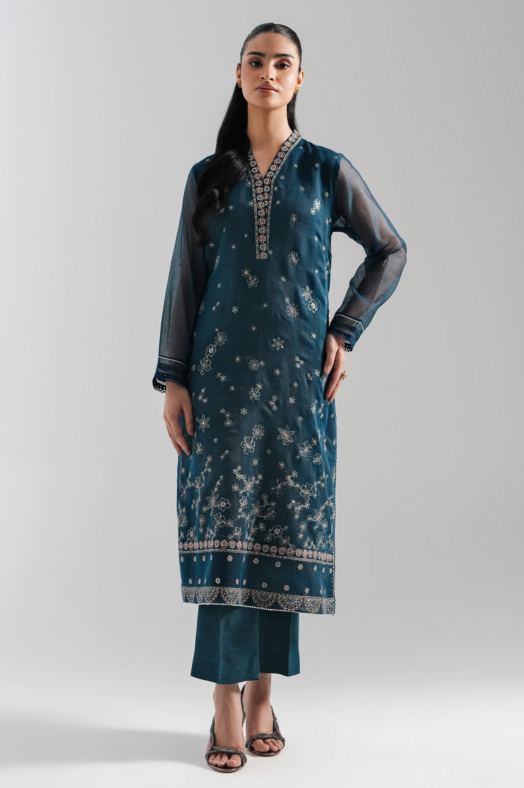STITCHED EMBROIDERED KHADDI NET SHIRT BOTTOM
