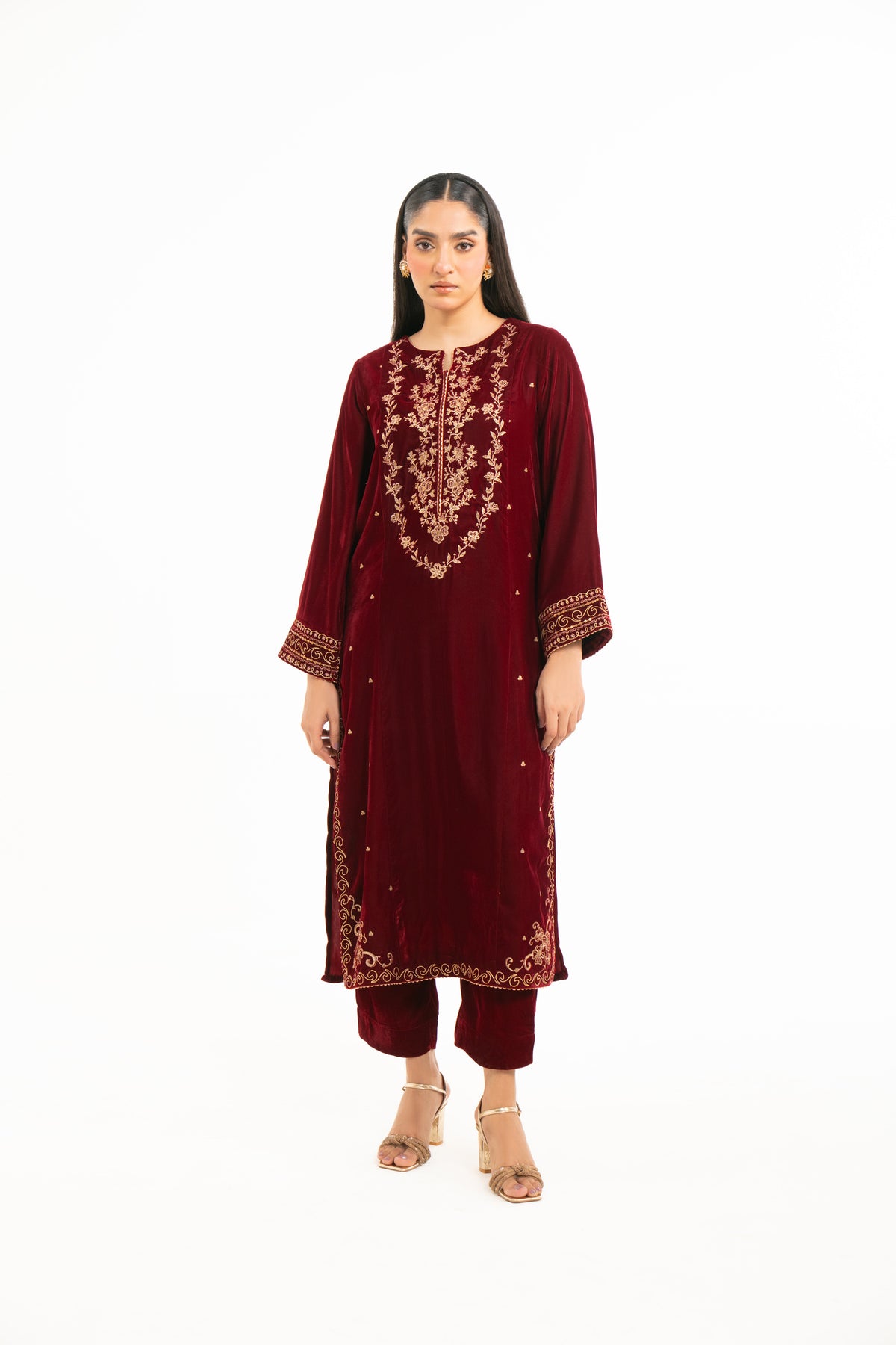 STITCHED EMBROIDERED VELVET VELVET SHIRT BOTTOM