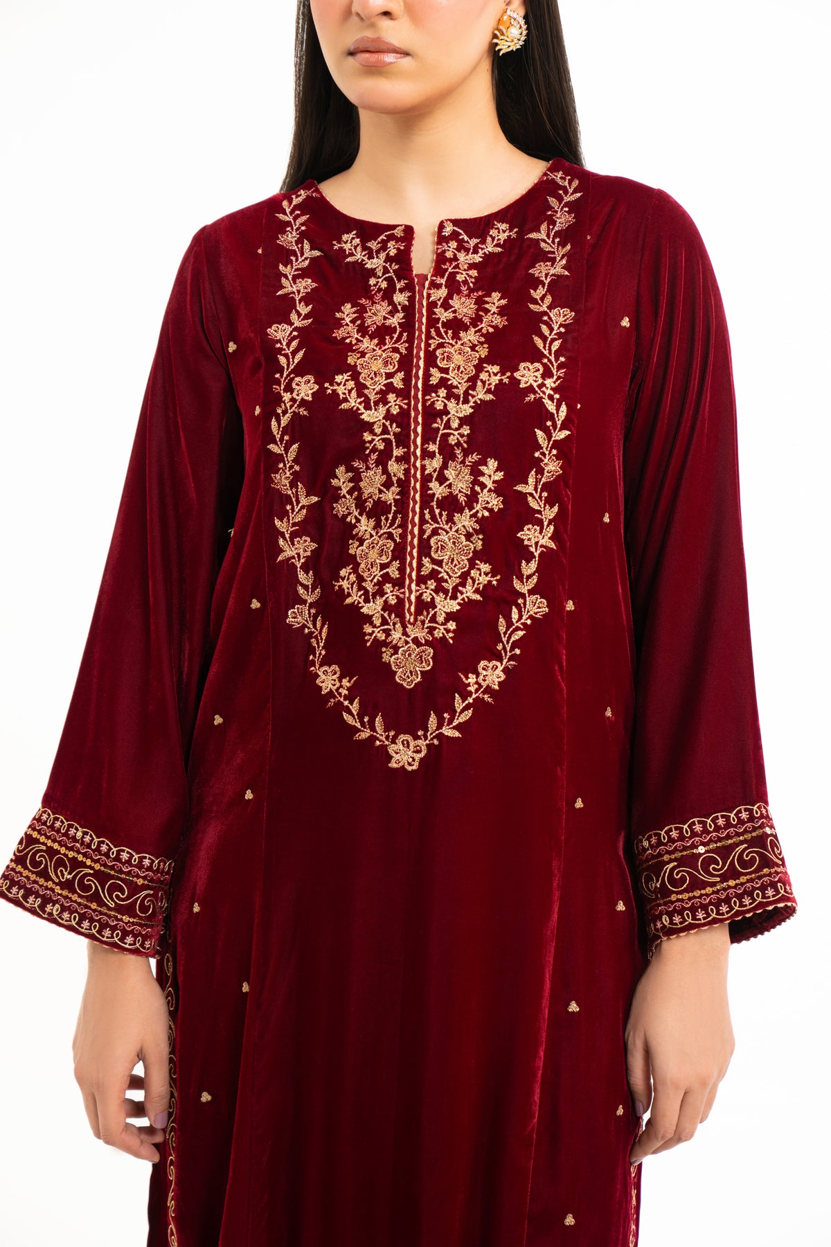 STITCHED EMBROIDERED VELVET VELVET SHIRT BOTTOM